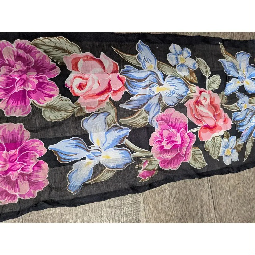 Black Floral Scarf Sheer Hair Festival Rodeo Boho Roses Iris Lily Oblong